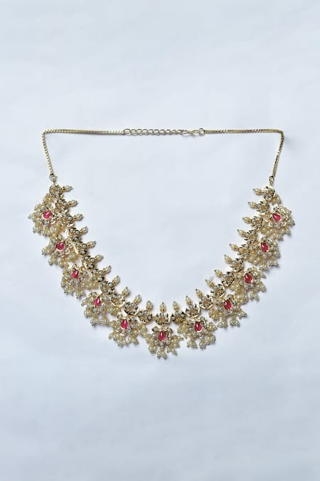 Zevar By Geeta_Gold Plated Stones, Pearls Cut Work Pattern Choker Jadau Necklace Set _Online_at_Aza_Fashions