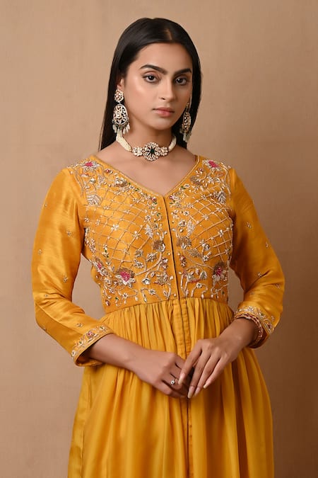 Label Nitisha_Yellow Lycra, Hemp, Silk Pearls, Sequins Floral Embroidered Slit Tunic Set _at_Aza_Fashions