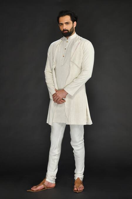 Sammohan Ceremonial_Beige Vis Silk And Spun  Lining 100% Front Flap Kurta Set_Online_at_Aza_Fashions
