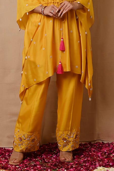 Label Nitisha_Yellow Cotton, Silk Pearls, Sequins, Embroidery Asymmetric Kaftan And Pant Set _Online_at_Aza_Fashions