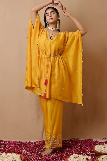 Buy_Label Nitisha_Yellow Cotton, Silk Pearls, Sequins, Embroidery Asymmetric Kaftan And Pant Set _Online_at_Aza_Fashions