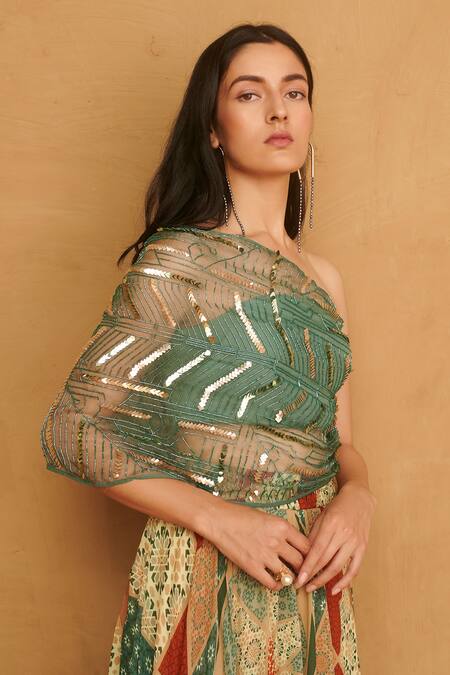 Studio Radical Green Crepe, Georgette, Organza Beads One Shoulder Embellished Top Skirt Set Online at Aza Fashions Studio Radical_Green Crepe, Georgette, Organza Beads One Shoulder Embellished Top Skirt Set _Online_at_Aza_Fashions