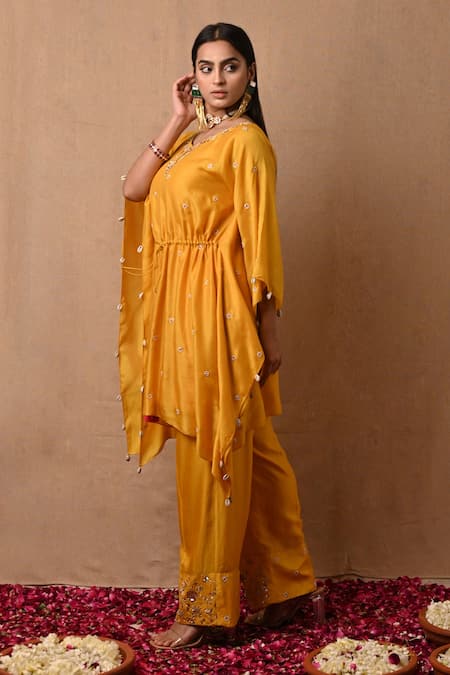Shop_Label Nitisha_Yellow Cotton, Silk Pearls, Sequins, Embroidery Asymmetric Kaftan And Pant Set _Online_at_Aza_Fashions