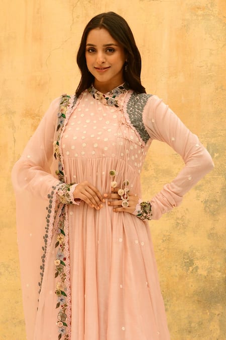 Label Niti Bothra_Pink Silk, Bamboo Embroidery, Lace Collared Angarkha Anarkali Set _Online_at_Aza_Fashions