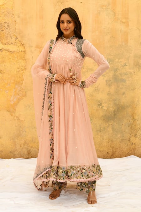 Buy_Label Niti Bothra_Pink Silk, Bamboo Embroidery, Lace Collared Angarkha Anarkali Set _Online_at_Aza_Fashions