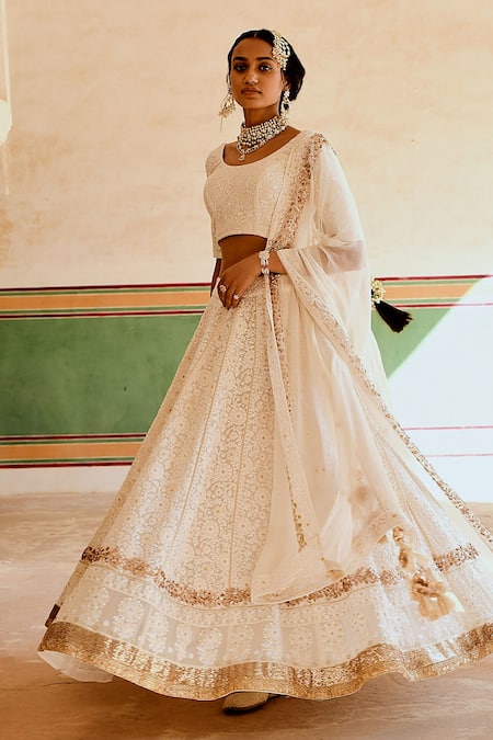 Shop Karaj Jaipur Cream Georgette Embroidery, Sequins Round Neck Chikankari Lehenga Set Online at Aza Fashions Shop_Karaj Jaipur_Cream Georgette Embroidery, Sequins Round Neck Chikankari Lehenga Set _Online_at_Aza_Fashions