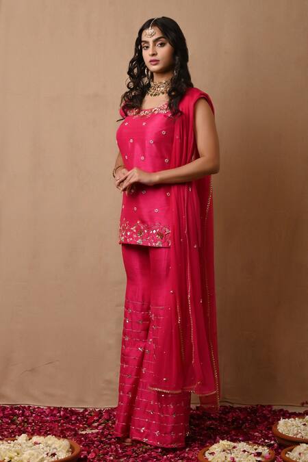 Label Nitisha_Pink Silk, Net Diamonds, Sequins, Gota Patti, Embroidery Round Kurta Gharara Set _Online_at_Aza_Fashions