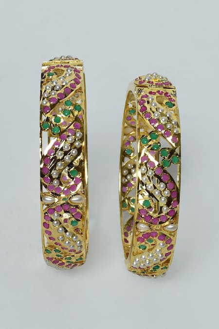 Zevar By Geeta_Gold Plated Diamonds, Pearls, Cut Work Kundan Jadau Bangles - Set Of 2 _Online_at_Aza_Fashions