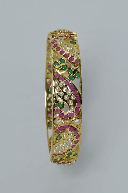 Buy_Zevar By Geeta_Gold Plated Diamonds, Pearls, Cut Work Kundan Jadau Bangles - Set Of 2 _Online_at_Aza_Fashions