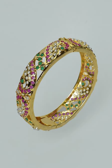 Shop_Zevar By Geeta_Gold Plated Diamonds, Pearls, Cut Work Kundan Jadau Bangles - Set Of 2 _Online_at_Aza_Fashions