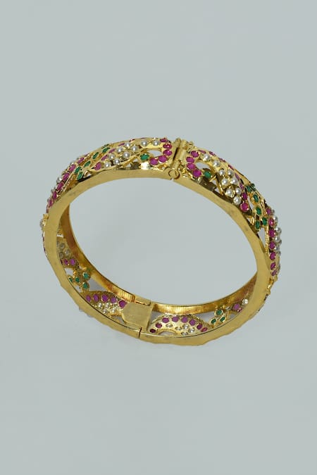 Zevar By Geeta_Gold Plated Diamonds, Pearls, Cut Work Kundan Jadau Bangles - Set Of 2 _at_Aza_Fashions
