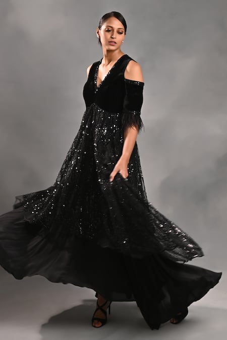 Buy_Jyoti Sachdev Iyer_Black Velvet, Tulle Beads, Sequins, Feathers V-neck Cold Shoulder Gown _Online_at_Aza_Fashions