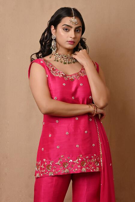 Buy_Label Nitisha_Pink Silk, Net Diamonds, Sequins, Gota Patti, Embroidery Round Kurta Gharara Set _Online_at_Aza_Fashions
