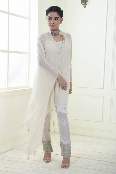 Sonia Baderia_White Chiffon, Cotton , Lycra, Tassels, Placket Kaftan Pant Set_Online_at_Aza_Fashions