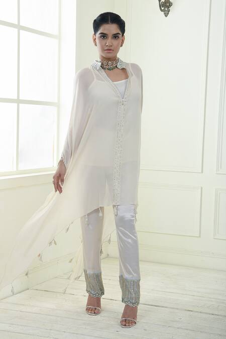 Buy_Sonia Baderia_White Chiffon, Cotton , Lycra, Tassels, Placket Kaftan Pant Set_Online_at_Aza_Fashions
