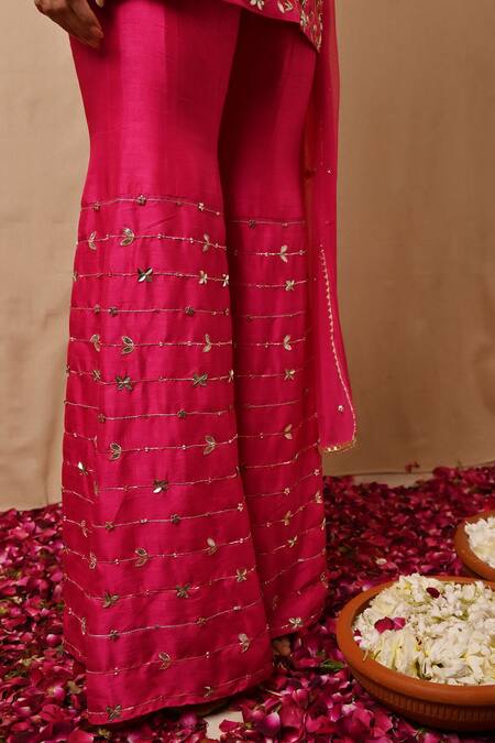 Label Nitisha_Pink Silk, Net Diamonds, Sequins, Gota Patti, Embroidery Round Kurta Gharara Set _at_Aza_Fashions