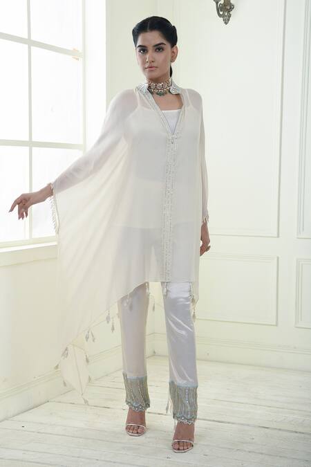 Shop_Sonia Baderia_White Chiffon, Cotton , Lycra, Tassels, Placket Kaftan Pant Set_Online_at_Aza_Fashions
