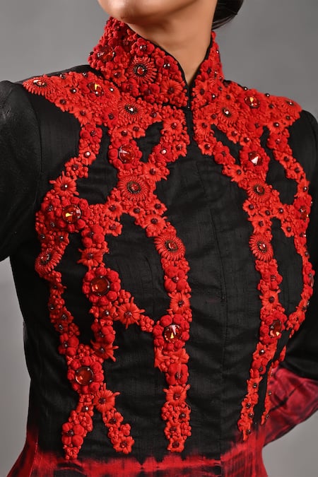 Jyoti Sachdev Iyer_Black Silk Embroidery Mandarin Shibori Pattern Jacket And Flared Trousers Set _Online_at_Aza_Fashions