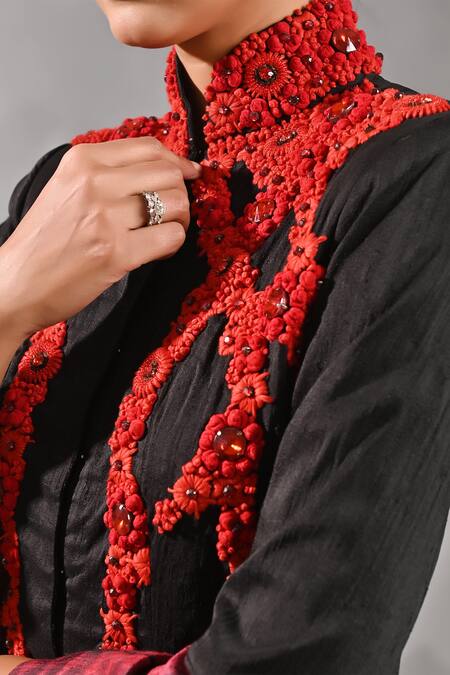 Buy_Jyoti Sachdev Iyer_Black Silk Embroidery Mandarin Shibori Pattern Jacket And Flared Trousers Set _Online_at_Aza_Fashions