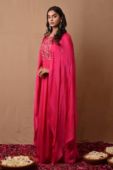 Label Nitisha_Pink Satin, Organza Sequins Round Neck Embroidered Yoke Cape Gown _Online_at_Aza_Fashions