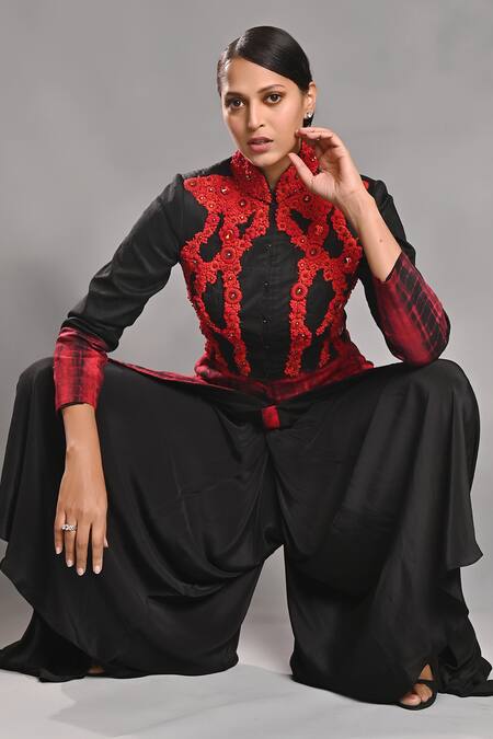 Shop_Jyoti Sachdev Iyer_Black Silk Embroidery Mandarin Shibori Pattern Jacket And Flared Trousers Set _Online_at_Aza_Fashions