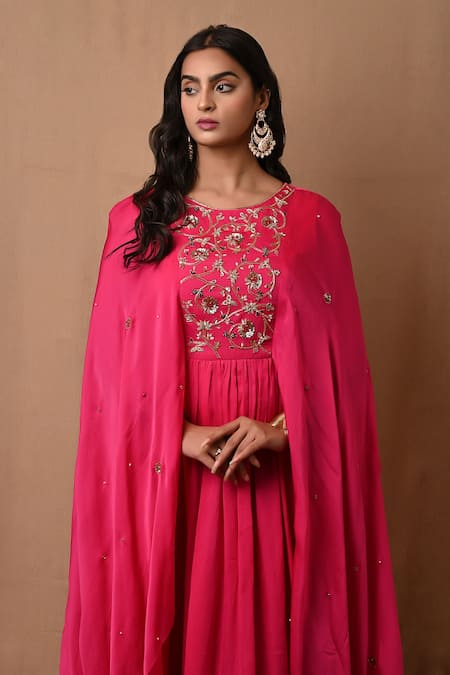 Buy_Label Nitisha_Pink Satin, Organza Sequins Round Neck Embroidered Yoke Cape Gown _Online_at_Aza_Fashions