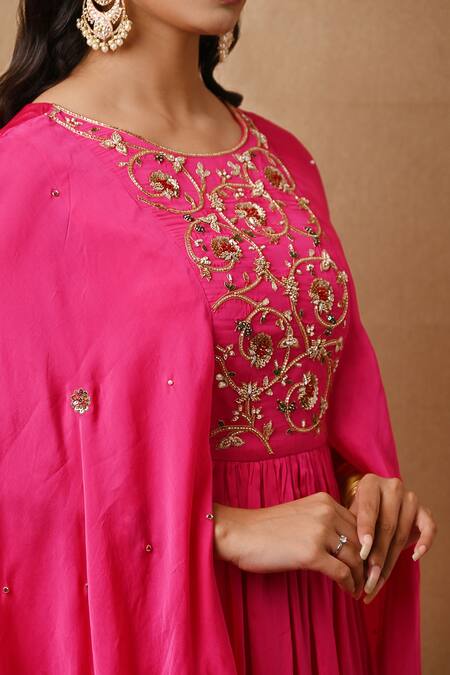 Shop_Label Nitisha_Pink Satin, Organza Sequins Round Neck Embroidered Yoke Cape Gown _Online_at_Aza_Fashions