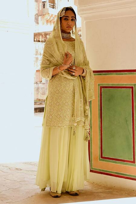 Buy Karaj Jaipur Green Georgette Embroidery Boat Neck Chikankari Kurta Skirt Set Online at Aza Fashions Buy_Karaj Jaipur_Green Georgette Embroidery Boat Neck Chikankari Kurta Skirt Set _Online_at_Aza_Fashions