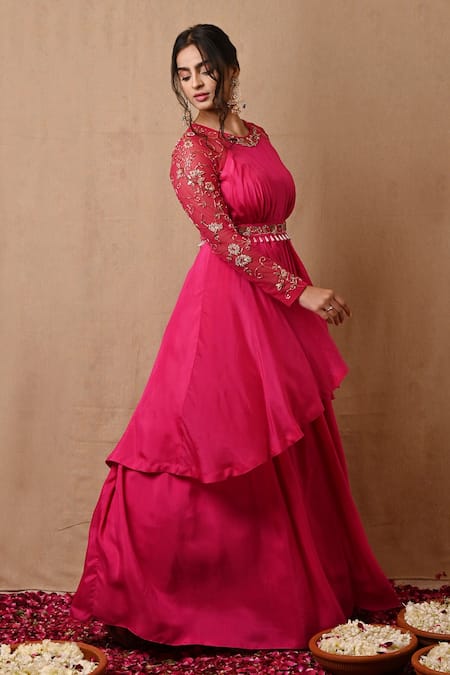 Label Nitisha_Pink Silk, Net Pearls, Sequins, Zari Round Neck Embroidered Yoke Layered Gown _Online_at_Aza_Fashions