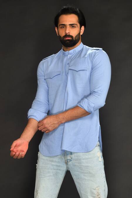 Sammohan Ceremonial_Blue Linen, Viscose Solid Band Collar Pathani_Online_at_Aza_Fashions