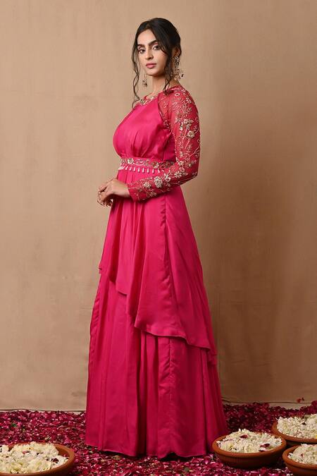 Buy_Label Nitisha_Pink Silk, Net Pearls, Sequins, Zari Round Neck Embroidered Yoke Layered Gown _Online_at_Aza_Fashions