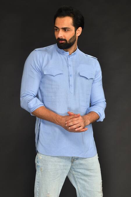 Buy_Sammohan Ceremonial_Blue Linen, Viscose Solid Band Collar Pathani_Online_at_Aza_Fashions