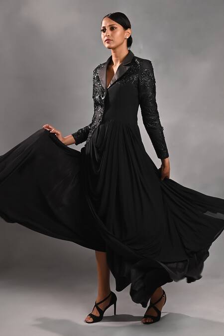 Jyoti Sachdev Iyer_Black Lycra, Silk Embroidery Collared Draped Long Jacket And Trouser Set _Online_at_Aza_Fashions