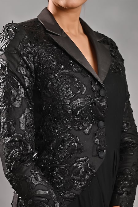 Buy_Jyoti Sachdev Iyer_Black Lycra, Silk Embroidery Collared Draped Long Jacket And Trouser Set _Online_at_Aza_Fashions