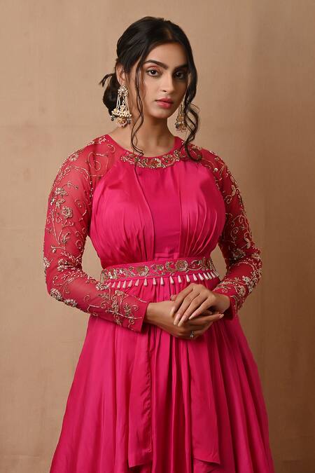 Shop_Label Nitisha_Pink Silk, Net Pearls, Sequins, Zari Round Neck Embroidered Yoke Layered Gown _Online_at_Aza_Fashions