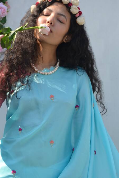 Shop_Studio Malang_Blue Pure Silk Hand Embroidered And Block Printed Thread & Zari Floral Saree_Online_at_Aza_Fashions