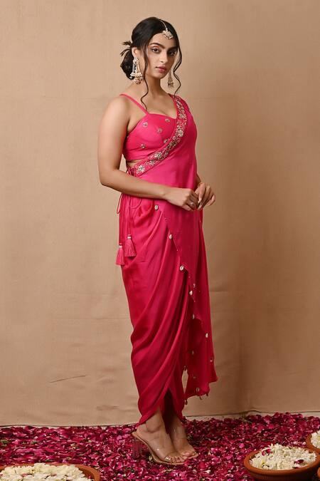 Buy_Label Nitisha_Pink Satin, Silk Pearls, Sequins, Zari Zardozi Embroidered Drape Skirt Set _Online_at_Aza_Fashions