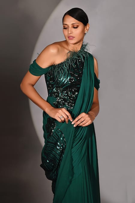 Buy_Jyoti Sachdev Iyer_Green Lycra Sequins, Feathers One Shoulder Saree Gown _Online_at_Aza_Fashions