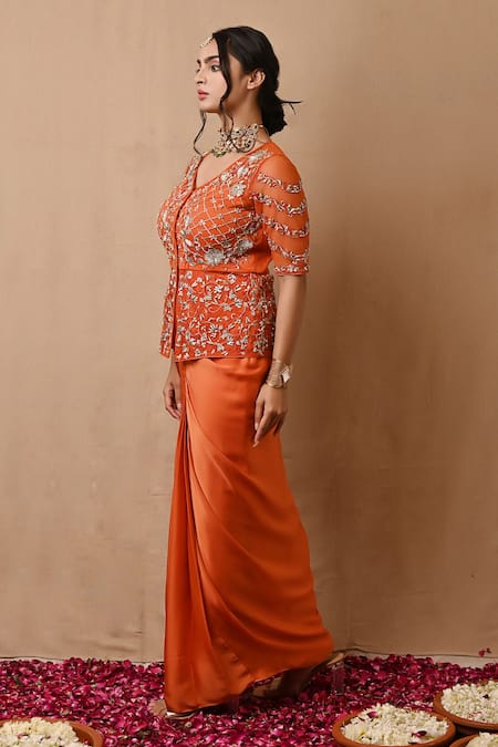 Shop_Label Nitisha_Orange Net, Satin Pearls V-neck Embroidered Jacket And Draped Skirt Set _Online_at_Aza_Fashions