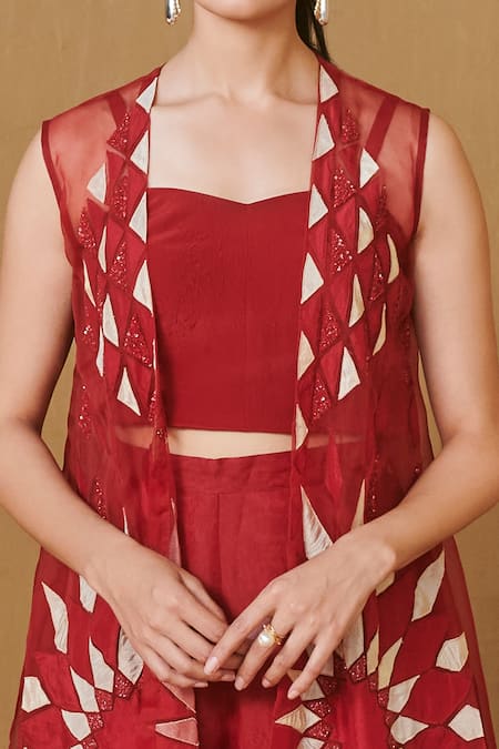 Studio Radical Red Crepe, Organza Applique, Beads Sweetheart Neck, Embroidered Jacket Pant Set Online at Aza Fashions Studio Radical_Red Crepe, Organza Applique, Beads Sweetheart Neck, Embroidered Jacket Pant Set _Online_at_Aza_Fashions