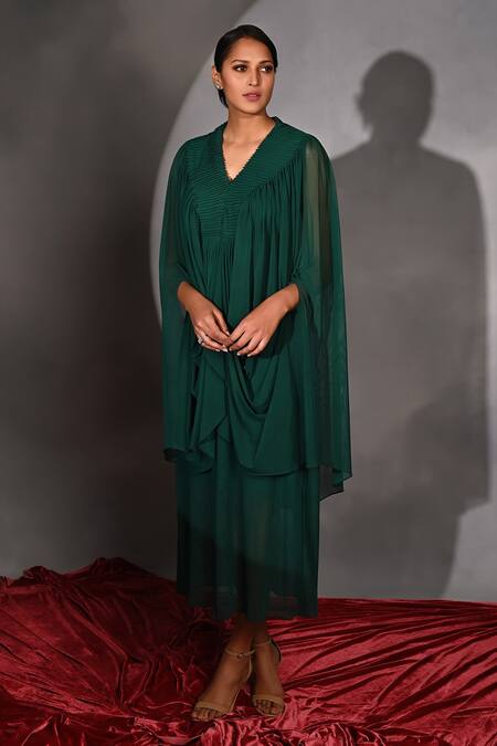 Jyoti Sachdev Iyer_Green Lycra V-neck Cowl Draped Dress _Online_at_Aza_Fashions