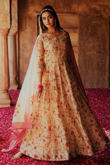 Buy_Karaj Jaipur_Beige Anarkali And Dupatta Chanderi, Pant Cotton Floral Pattern Round Set _Online_at_Aza_Fashions