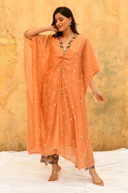 Buy_Label Niti Bothra_Peach Silk Embroidery V-neck Rosette Kaftan With Palazzo _Online_at_Aza_Fashions