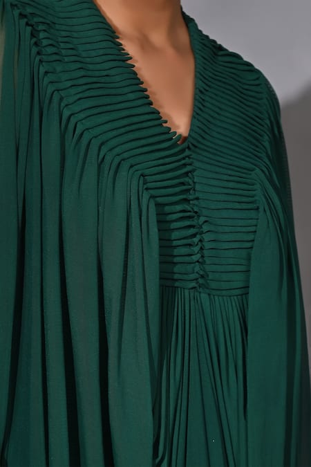 Buy_Jyoti Sachdev Iyer_Green Lycra V-neck Cowl Draped Dress _Online_at_Aza_Fashions