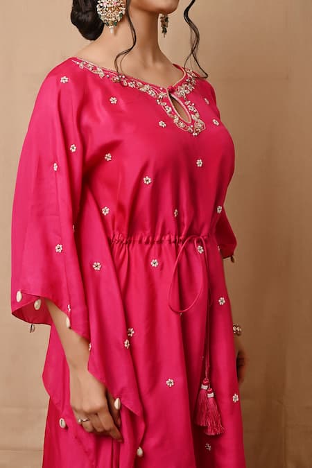 Buy_Label Nitisha_Pink Cotton, Silk Pearls, Embroidery Keyhole , Boat Kaftan And Pant Set _Online_at_Aza_Fashions