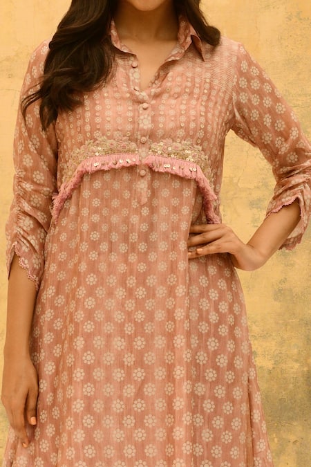 Label Niti Bothra_Pink Silk, Brocade Fringe Collared Chandrakala Pattern Kurta And Pant Set _Online_at_Aza_Fashions