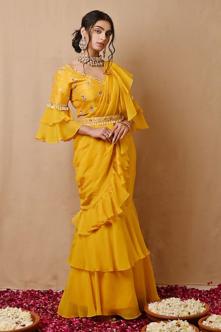 Label Nitisha_Yellow Organza, Silk Pearls, Sequins, Gota Pre-draped Ruffle Saree And Blouse Set _Online_at_Aza_Fashions