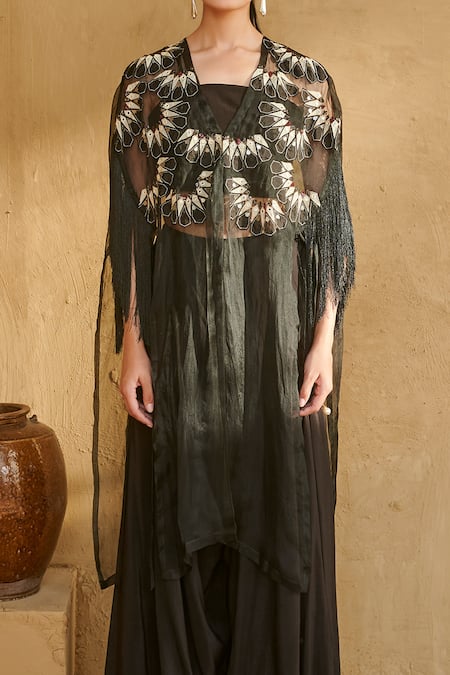 Studio Radical_Black Crepe Fringe, Beads Round Neck Applique Cape Pant Set _Online_at_Aza_Fashions