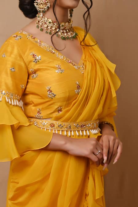 Buy_Label Nitisha_Yellow Organza, Silk Pearls, Sequins, Gota Pre-draped Ruffle Saree And Blouse Set _Online_at_Aza_Fashions