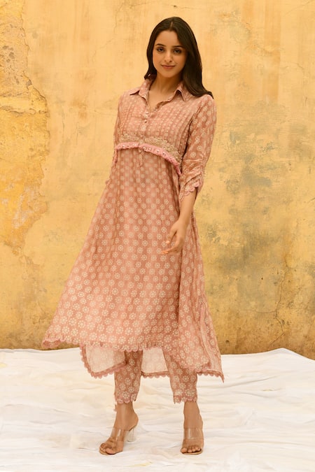Shop_Label Niti Bothra_Pink Silk, Brocade Fringe Collared Chandrakala Pattern Kurta And Pant Set _Online_at_Aza_Fashions
